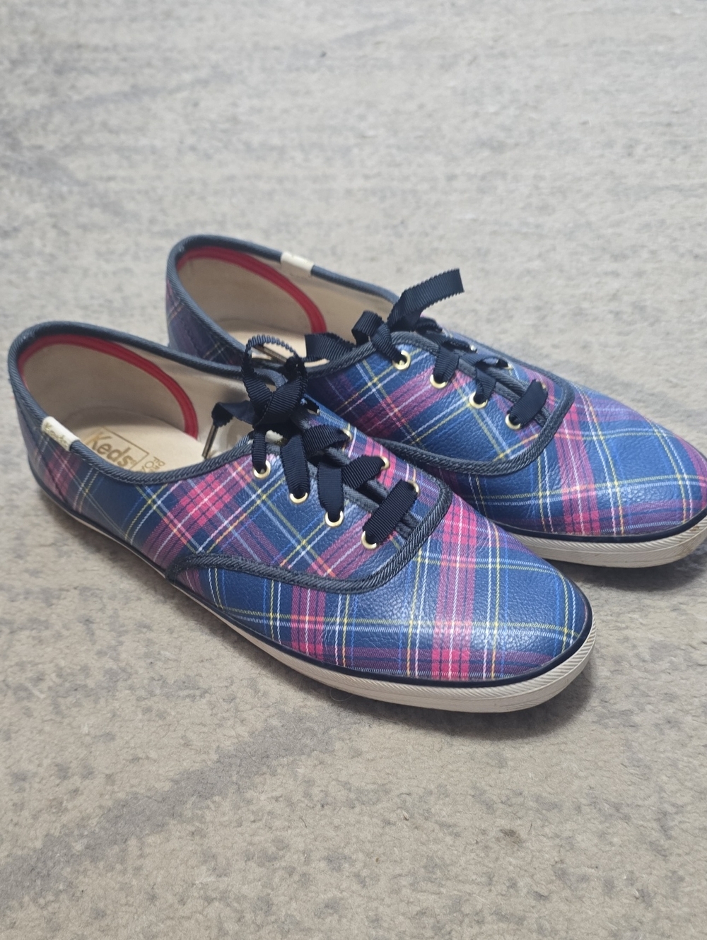 Keds Plaid Lace-Up Sneakers in Navy and Pink Sz 10